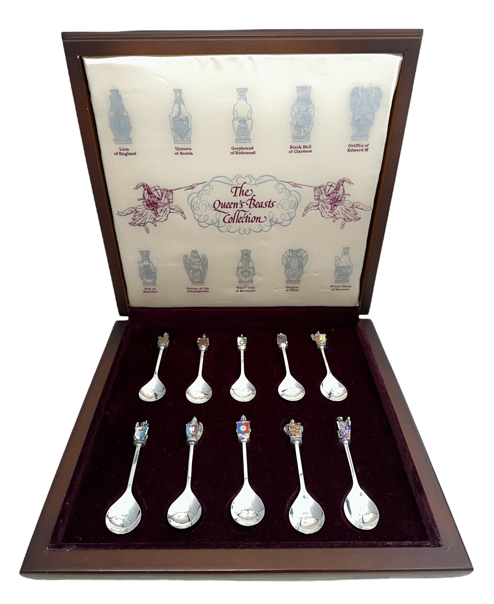 A cased set of ten silver and enamelled The Queen`s Beasts Collection including spoons for Lion of