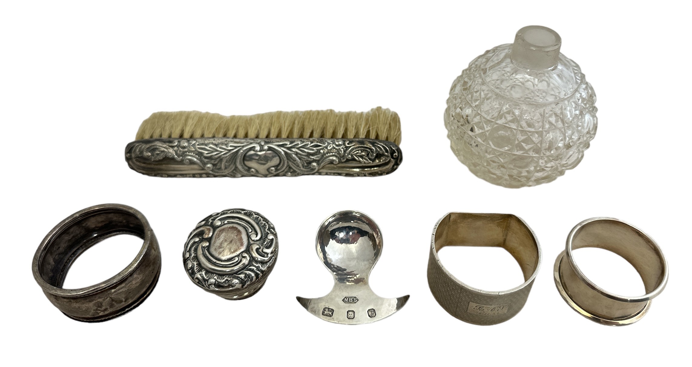 Selection of various silver hallmarked items, to include; clothes brush with S & Co hallmark,
