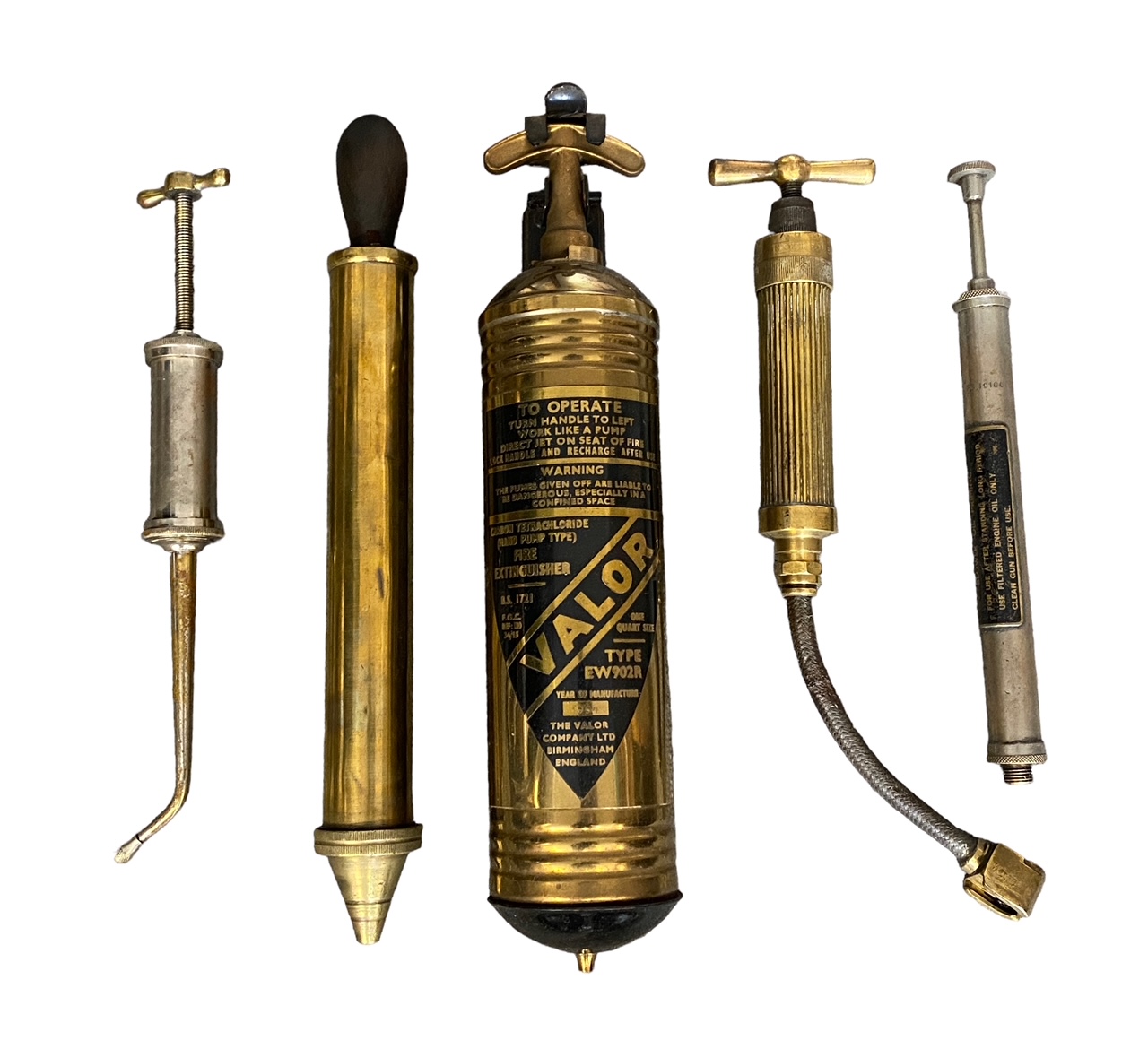 Trio of oil guns and a pair of car fire extinguishers, hand-operated (untested), generally excellent