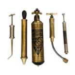 Trio of oil guns and a pair of car fire extinguishers, hand-operated (untested), generally excellent