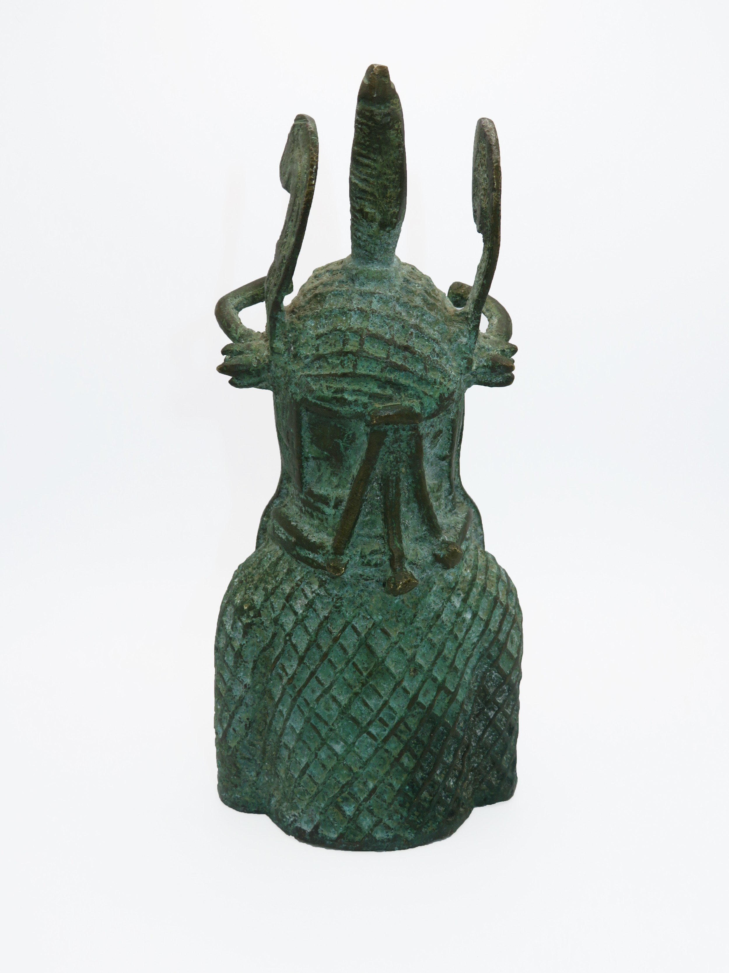 An African mid 20th Century bronze Oba (King) head sculpture, green patina all over. Height 19.5cm. - Image 2 of 2