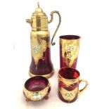Bohemian Glass – A large well-crafted red glass coffee jug with intricate finish and metal Dog