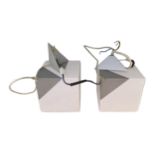 Pair of designer Evaluz Cub cube shaped pendant lights designed by Ramon Valls. Some small scuffs
