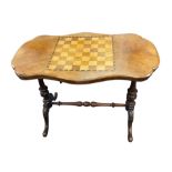 Walnut chequered top games table with H-frame stretcher, width 90cm, depth 54cm and height 68cm.