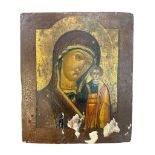 A renaissance style hanging wooden panel of Madonna and Child, some heavy surface damage. 30cm x
