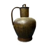 Large brass / copper jug or ewer, with side handle and removable cover, height 57cm, diameter