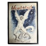 A framed oil pastel on paper drawing of a happy monkey with white fur, velvet monkey, leaping from a