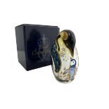 A Royal Crown Derby Penguin and Chick paperweight, with silver stopper, 14cm high. Boxed - needs