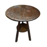 Decorative two tier stained pine cricket table, diameter 61cm, height 71cm.