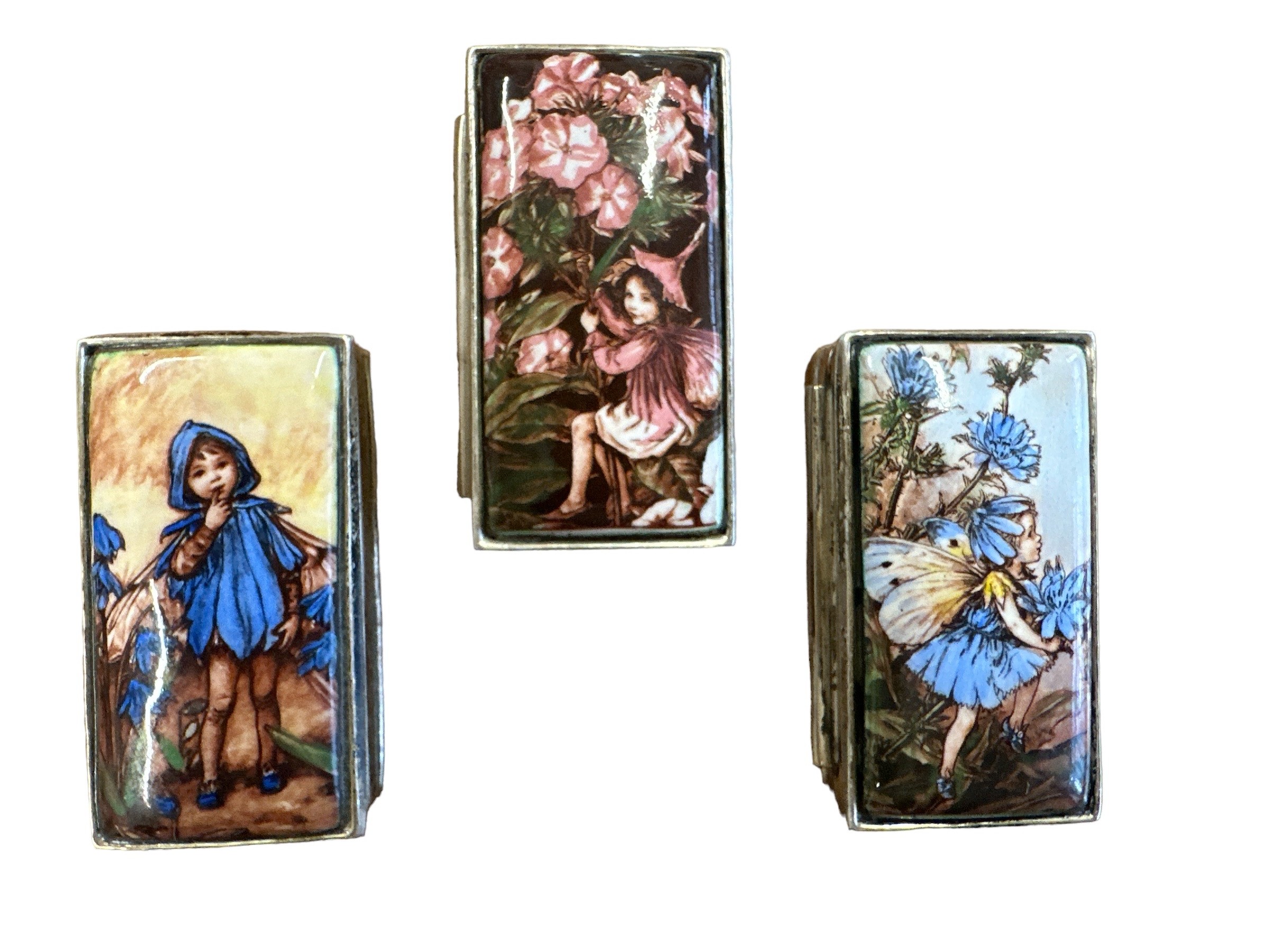 Three 925 silver hinged Art Nouveau style pill boxes with Pixie/Fairy & flower designs to top of