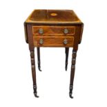Small inlaid two-drawer drop-leaf side table with glass top on brass caster, depth 48cm, width