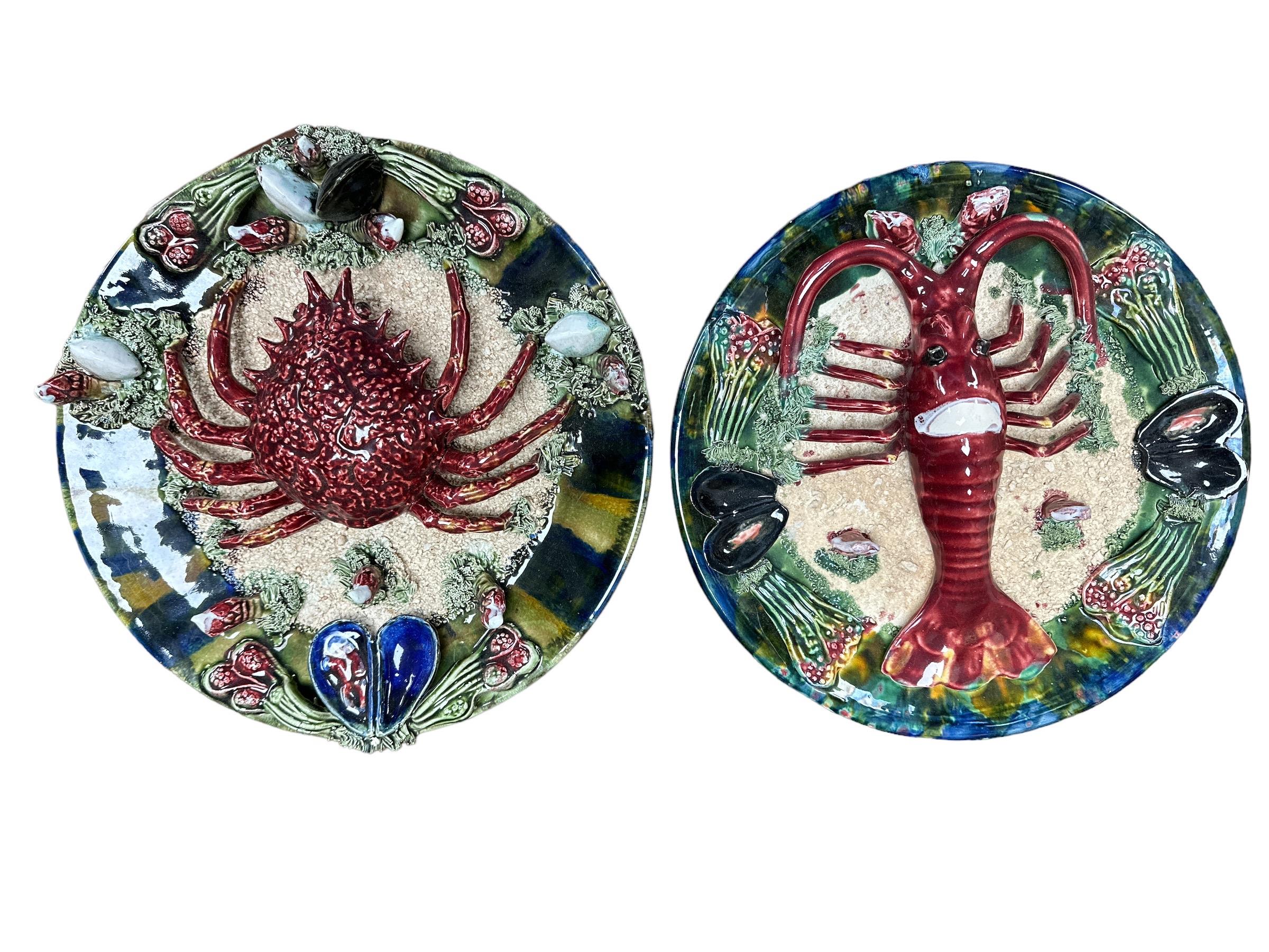 Two Majolica dishes - a crab and a lobster.