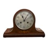 German inlaid wooden mantle clock, width 36cm, depth 12cm, height 24cm.