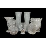 Range of glass decanters (2) 23cm and 26cm tall, and vases (5) from 17cm to 36cm. Qty 7 items
