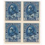 Canada. 1915 War Tax 5c blue, UM block of four. (SG 225) Cat £520