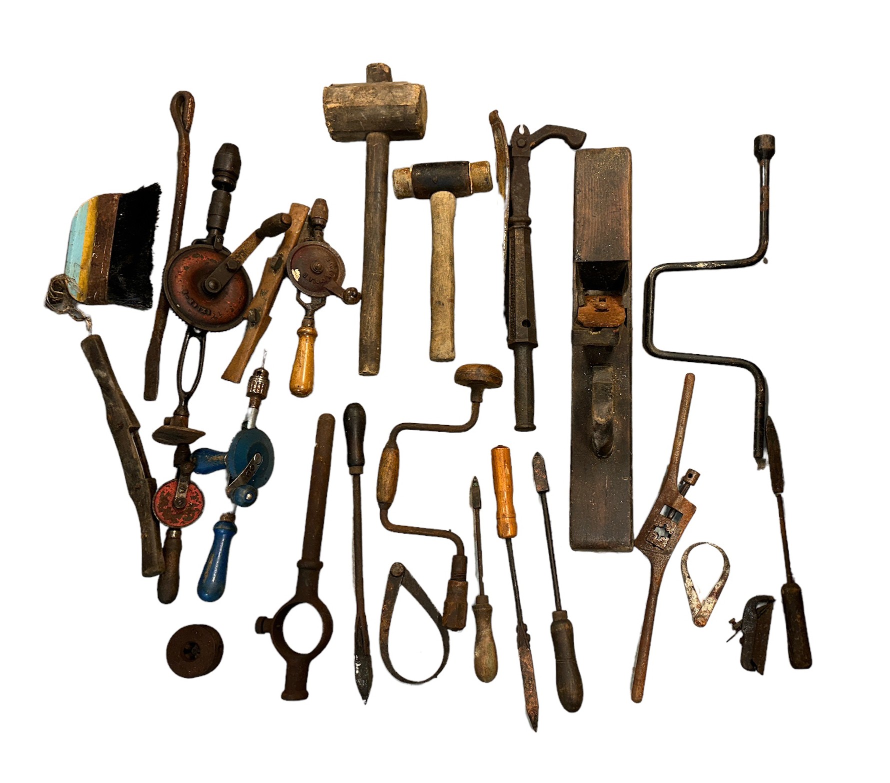 Range of old tools in wooden chest with ranges of hand drills, mallets, plane etc, all in wooden - Image 3 of 3