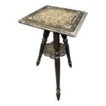 Small eastern carved tripod stool/table, height 45cm, top 23cm square.