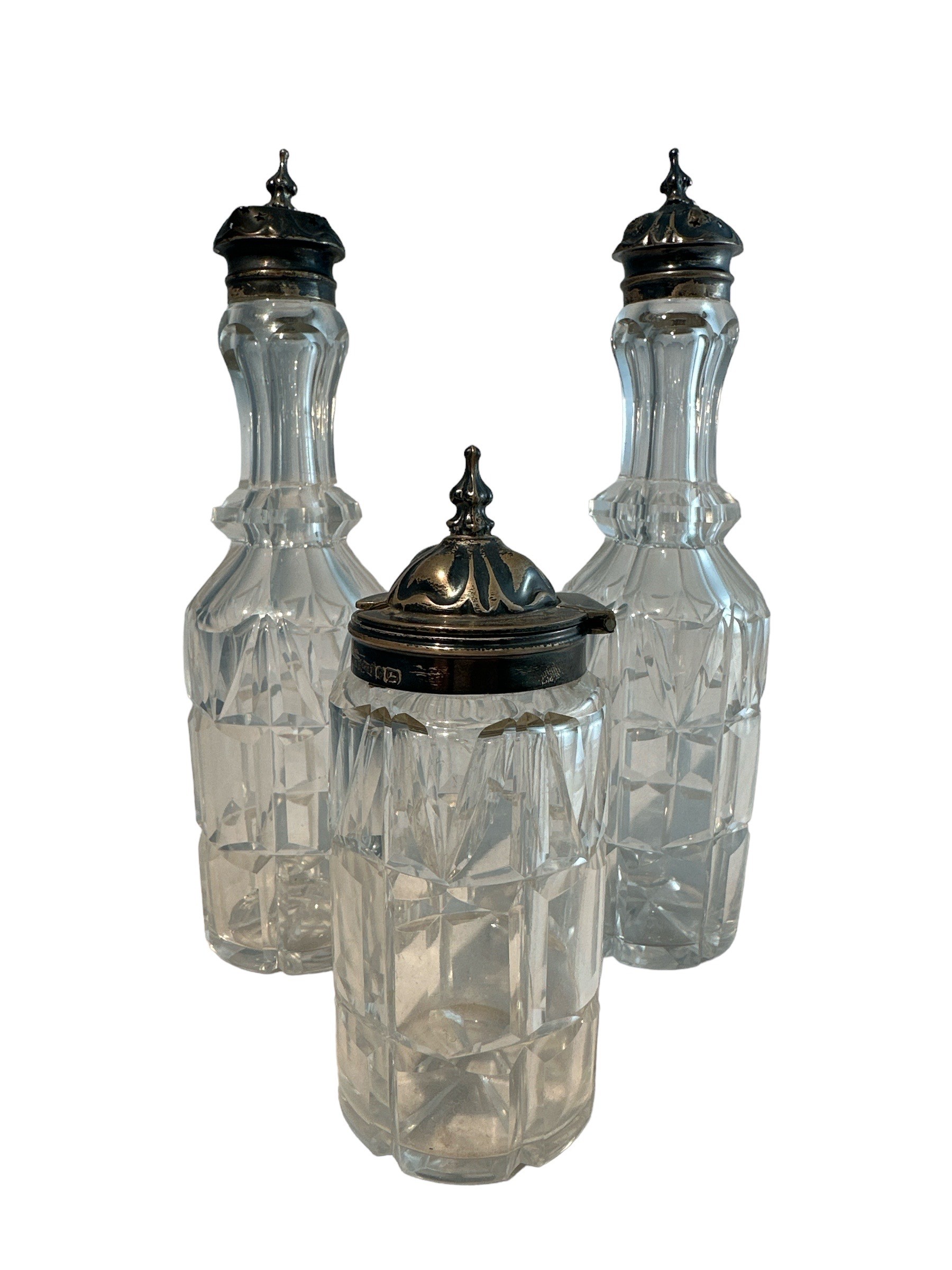 Three Victorian cut glass bottles with silver mounts, probably part of a cruet set. Birmingham - Image 2 of 2