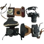 Collection of vintage cameras (8) and lenses (3), to include Box Brownie in case, Ferrania