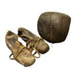 Pair of 1920's football boots & ball attributed to Harold Morris (E.H. Morris), a centre forward who