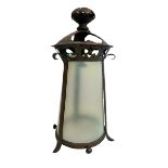 Arts and Crafts ceiling lantern, copper frame, cylindrical vaseline glass shade, unmarked, 38cm high