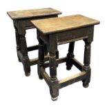 Pair of 17th Century oak joint stools / coffin stools, plank tops on turned legs joined by