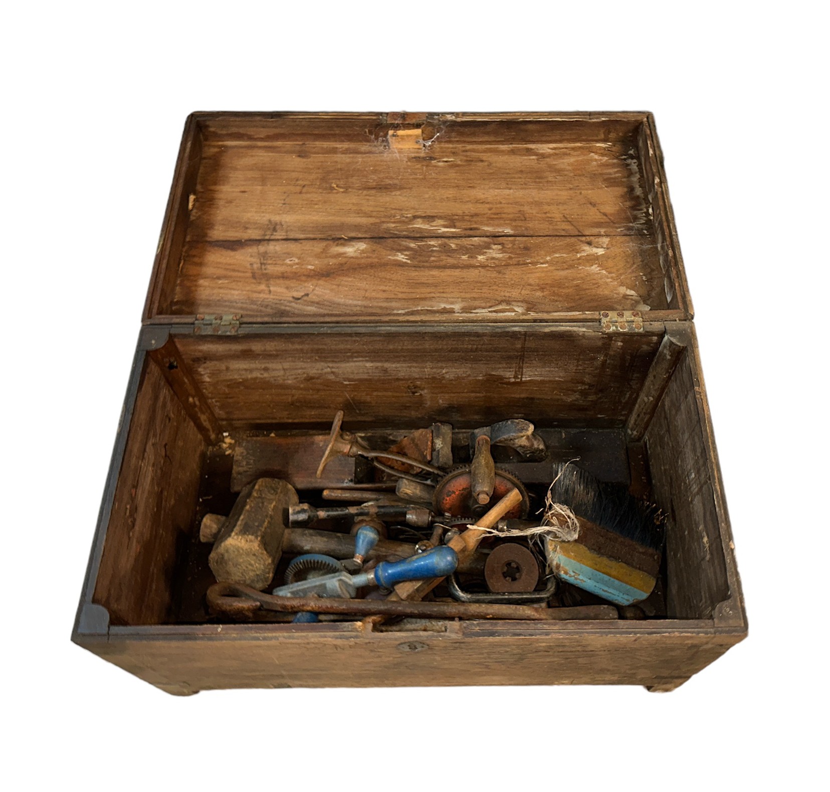 Range of old tools in wooden chest with ranges of hand drills, mallets, plane etc, all in wooden