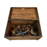 Range of old tools in wooden chest with ranges of hand drills, mallets, plane etc, all in wooden
