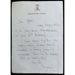 A letter handrwitten by Princess Margaret to Sybil Smith, her former riding instructor. It reads "