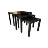 Pierre Vandel Paris 1979 nest of tables, black metal and glass with gold highlights and brass