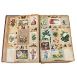 Victorian scrap book with 70+ pages of colour cut-outs, greetings cards etc, significant foxing,