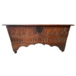 17th Century oak 6 plank coffer with carved decoration to front, untouched original condition,