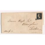 Great Britain. 1840 1d black on entire dated 26/3/1841 Woodbridge to Leiston, four margin smudged