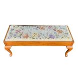 Cabriole leg wooden bench with embroidered seat, width 102cm, depth 40cm and height 41cm.
