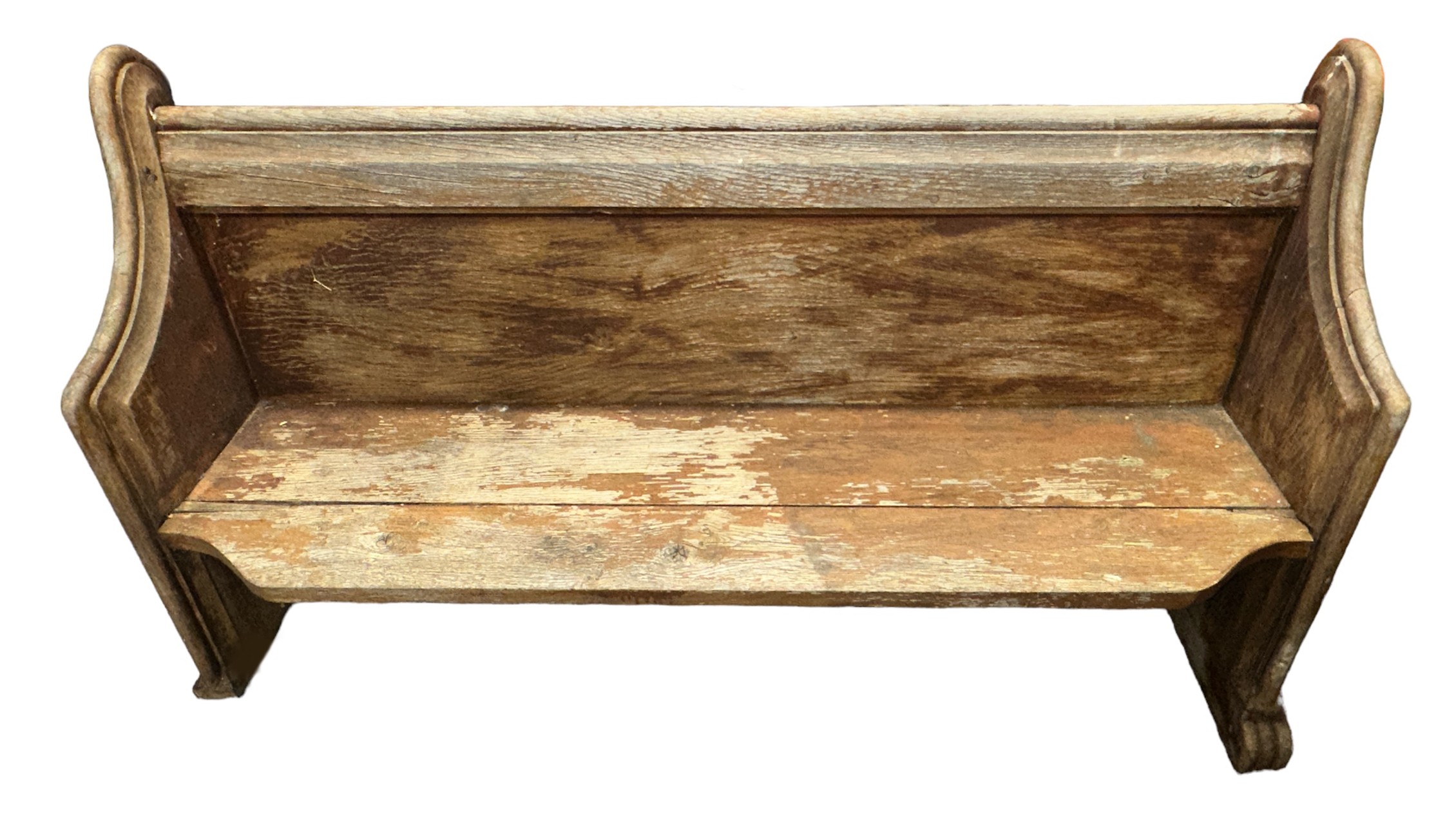 A church oak pew, width 144cm, depth 46cm, height 88cm, weathered from being outdoors, some