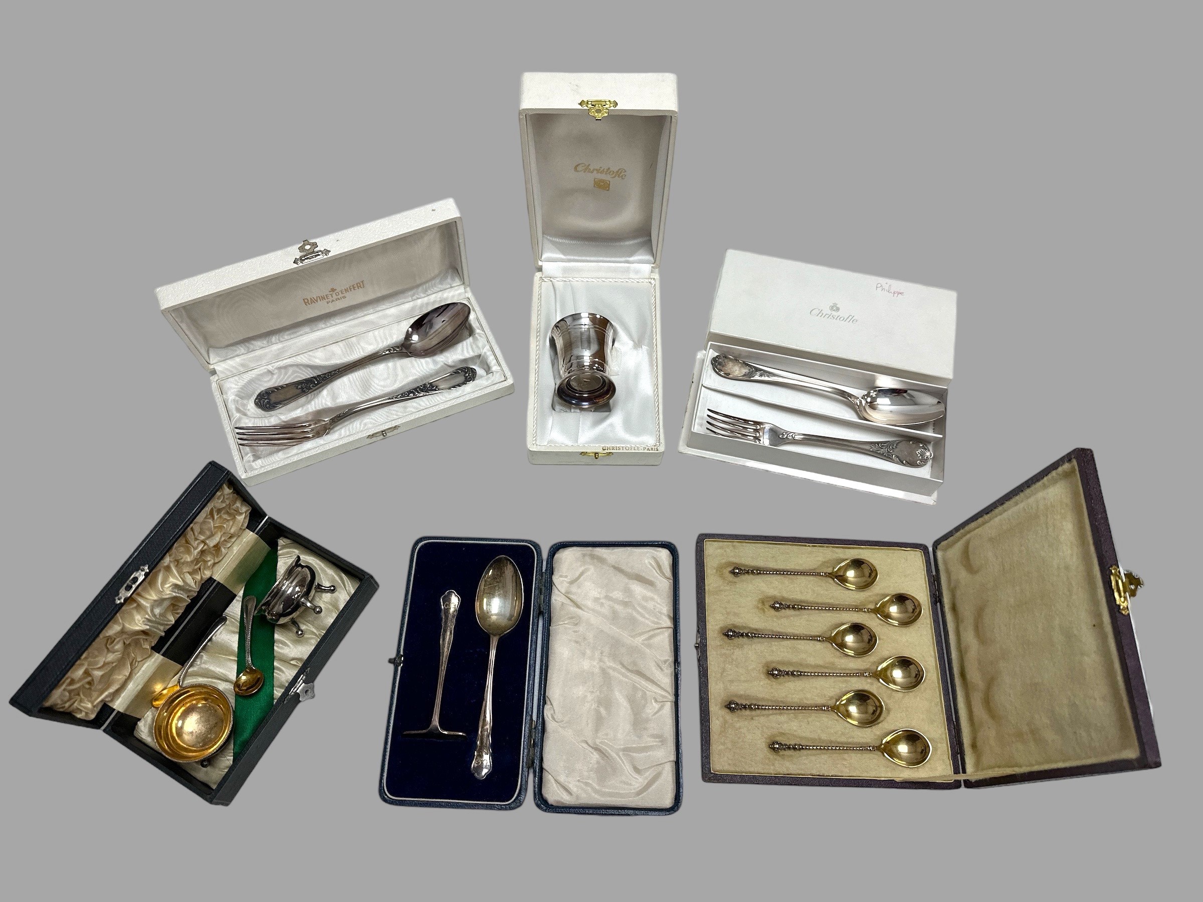 A range of silver, silver plate & white metal items including a boxed Christofle christening cup,