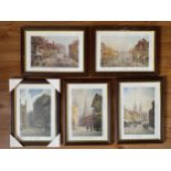 Five framed prints of watercolour pictures by artist H.E. Cox. The prints include Bishop St, Far