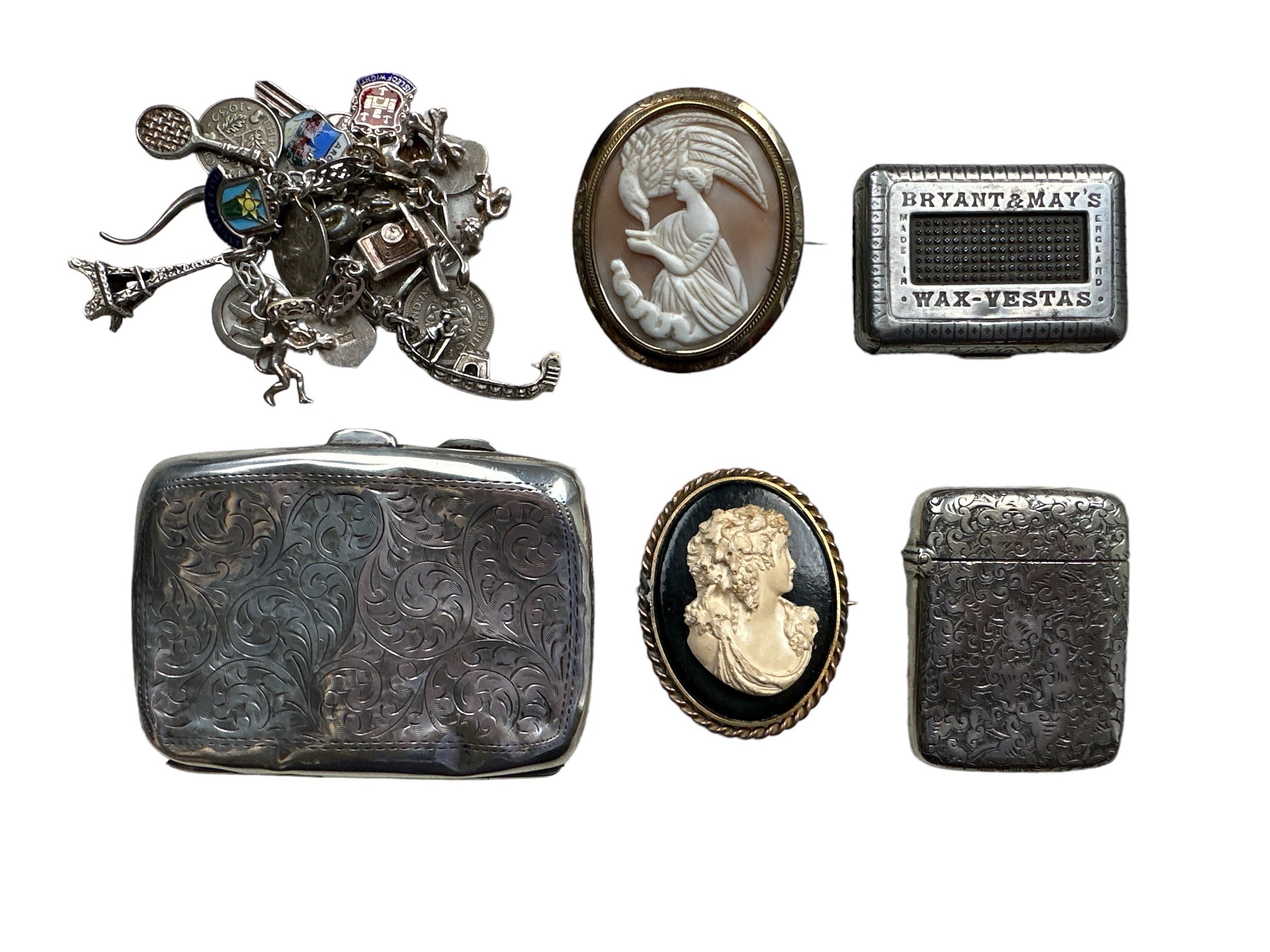 A range of items including a hallmarked silver card case (badly dented), a charm bracelet, 2 cameo - Image 2 of 2