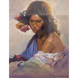 Stan Kaminski (b.1952) – Lady with flowers in her hair, gouache portrait in lavender/purple tones.