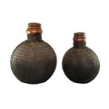 A pair of 20th century tribal metal Jali/Matka pots with linked chain jackets and their lids.