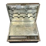 Large fitted metal barristers / salesman's tin box with lockable section (no key), lift-out