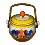 Clarice Cliff Bizarre Crocus' biscuit barrel and cover, shape no.335, painted in colours between