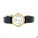 Longines Quartz Presence wristwatch with black leather strap, Roman numeral hour markers and date
