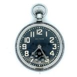Waltham; a military issue stainless steel crown wind open face pocket watch with black painted