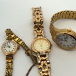 Three watches: a gold plated Accurist watch with gold plated bracelet. Baton hour markers,