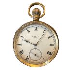 An Elgin gold plated open face pocket watch, seven jewels, no 22834151. White enamel dial, Roman