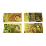 Range of gold banknotes, most sealed in packets with certificate of authenticity declaring 99.9%