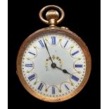 A ladies pocket watch with white enamel dial, blue Roman numeral hour markers and gilt decoration.
