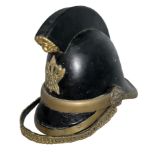 A 19th Century Victorian leather and brass fireman's / fire helmet, Volunteer helmet. Sturdy black