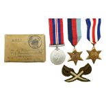 British War Medal, 1939 to 1945 Star and The France and Germany Star in box of issue to A. Dunning